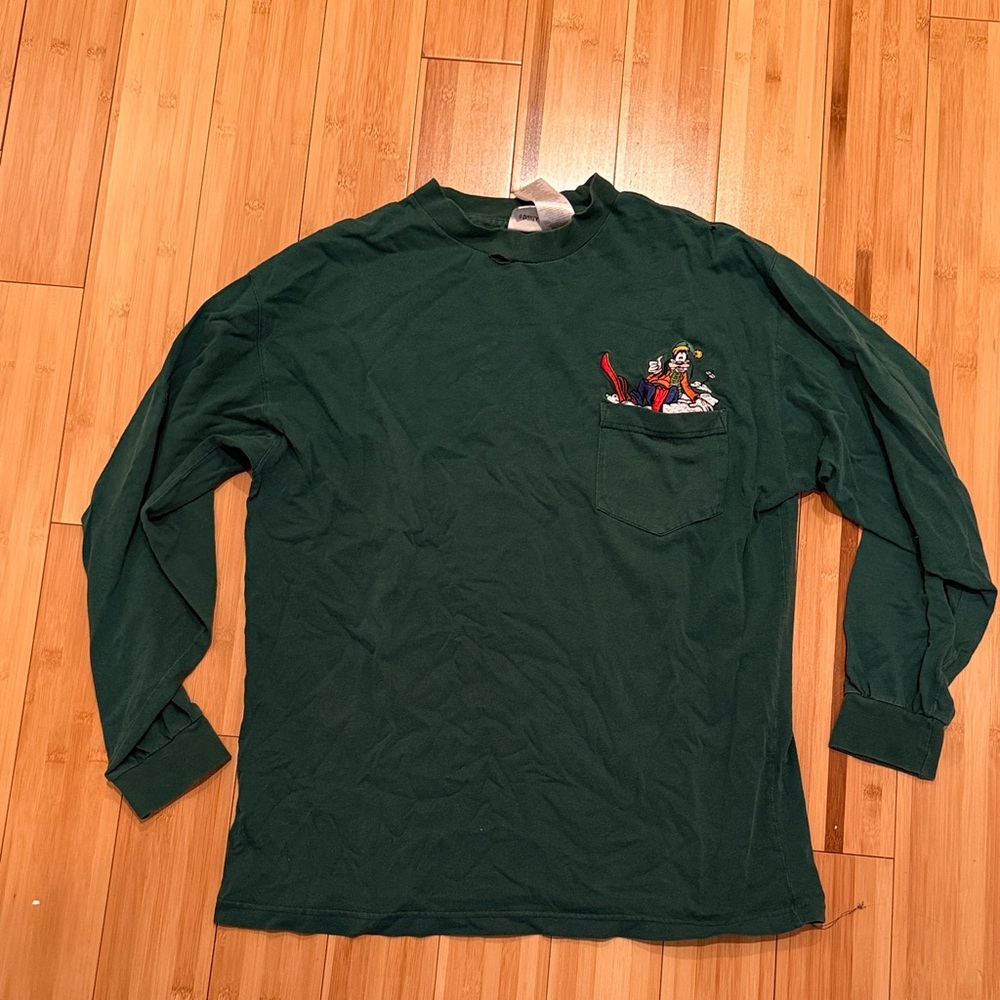 Vintage Disney Goofy Pocket Tee Long Sleeve Embroidered 90s Y2K Green Distressed